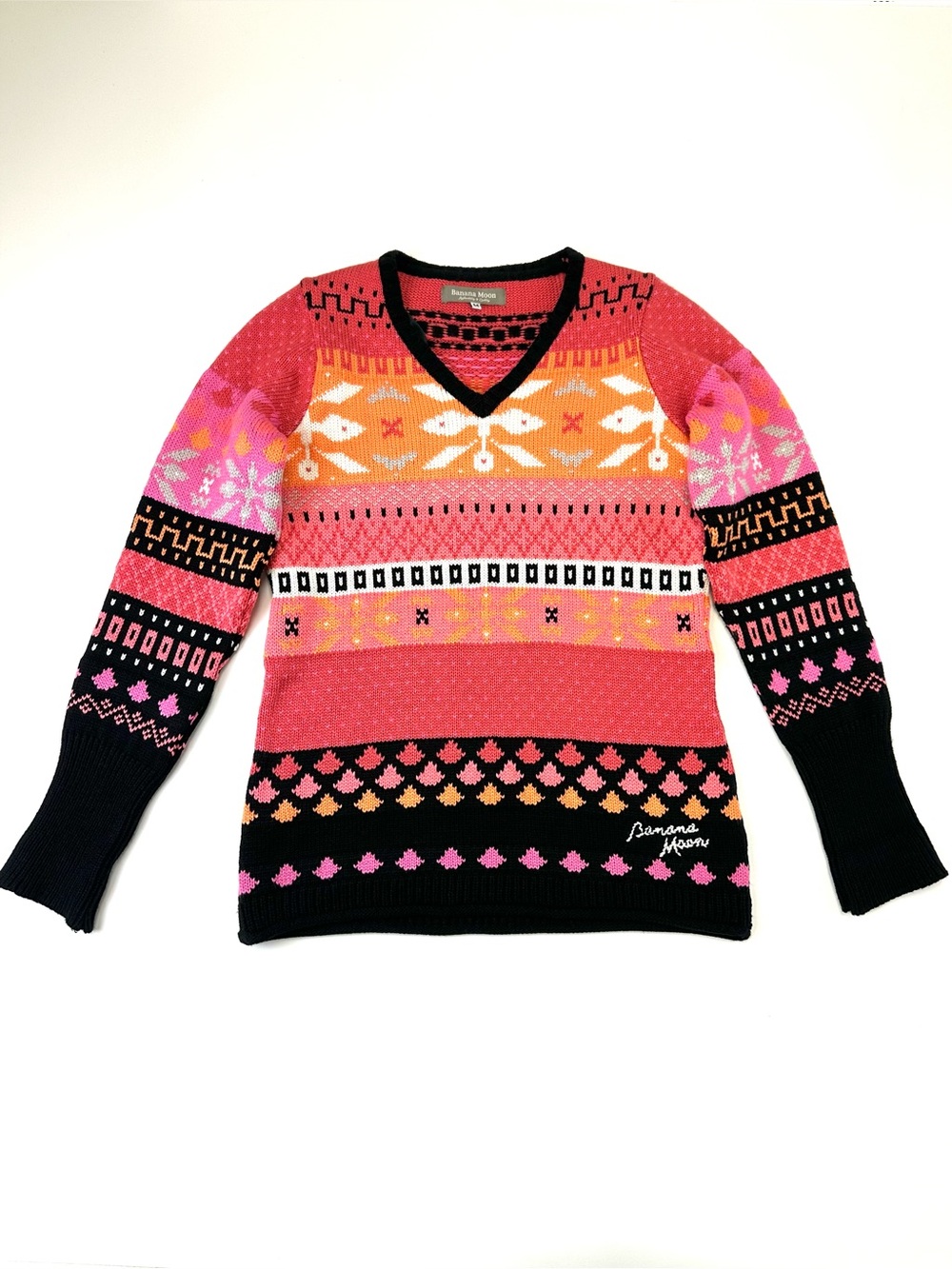 Banana Moon Nordic Fair Isle V-Neck Sweater Pink Orange Black Womens Medium